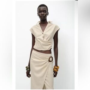 Zara set pleated linen blend top and linen buckle midi skirt